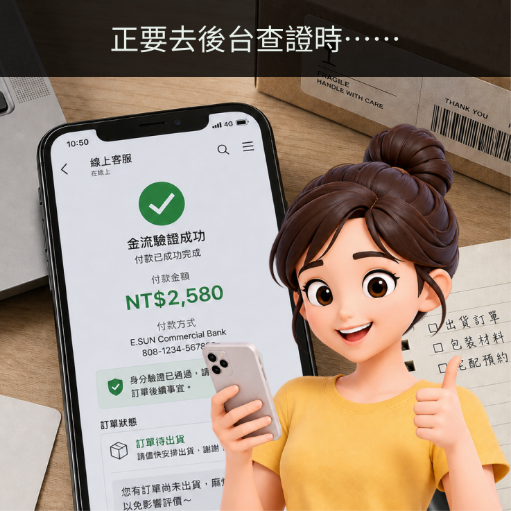 偽造的金流驗證成功畫面，並催促賣家出貨