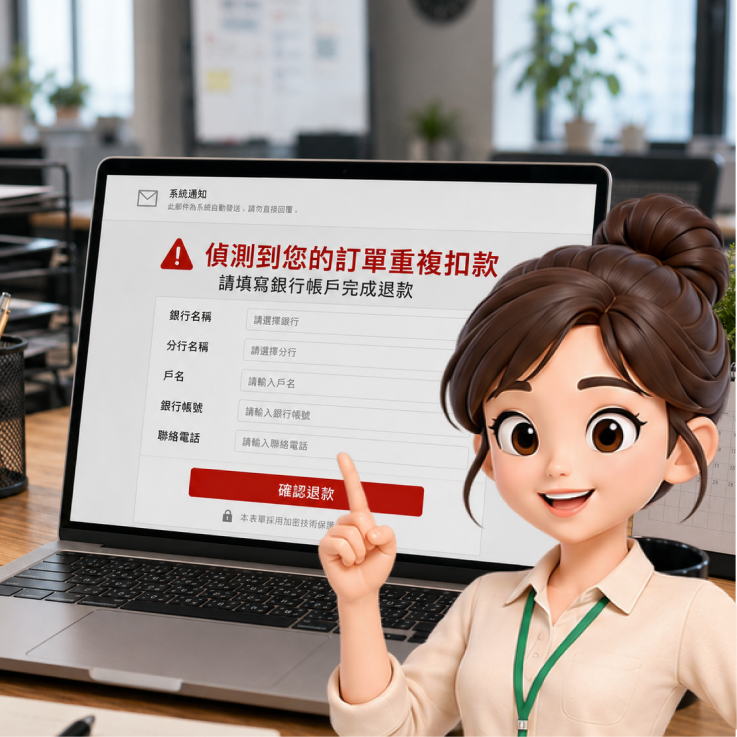 假 Email 通知訂單重複扣款，要求填寫銀行帳戶完成退款